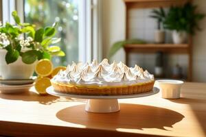 ai gerado limão merengue torta dentro moderno cozinha com luz solar. generativo ai foto