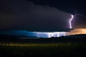 ai gerado relâmpago greves sobre uma campo às noite foto