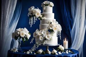 ai gerado uma Casamento bolo com branco flores em azul toalha de mesa foto