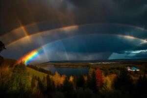 ai gerado uma arco Iris é visto sobre uma lago e floresta foto