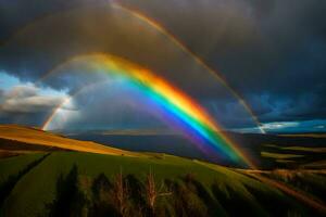 ai gerado uma arco Iris sobre uma campo com uma Sombrio céu foto