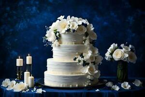ai gerado uma branco Casamento bolo com azul flores e velas foto