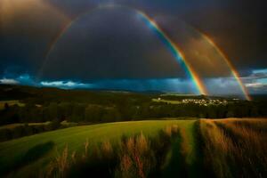 ai gerado uma Duplo arco Iris sobre uma campo com uma Sombrio céu foto