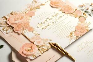 ai gerado uma Casamento convite com Rosa rosas e ouro frustrar foto