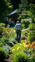 ai gerado jardineiro admirando seus jardim, em pé entre florescendo flores e exuberante vegetação foto