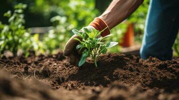 ai gerado jardineiro usando uma espátula para plantar uma plantinha dentro uma Panela com uma vibrante, verde fundo foto