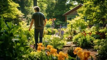 ai gerado jardineiro admirando seus jardim, em pé entre florescendo flores e exuberante vegetação foto