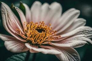 ai gerado uma fechar acima do uma flor com uma amarelo Centro foto