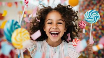 ai gerado uma jovem menina segurando uma gigante pirulito e sorrindo alegremente foto