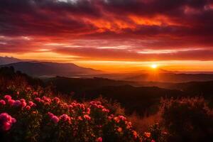 ai gerado a Sol conjuntos sobre uma lindo panorama com Rosa flores foto