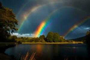 ai gerado uma arco Iris sobre uma lago com árvores e Relva foto