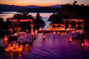 ai gerado uma Casamento cerimônia conjunto acima em a Beira do uma lago foto