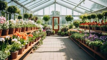 ai gerado a imagem do uma limpar, moderno estufa preenchidas com linhas do em vaso plantas e flores foto