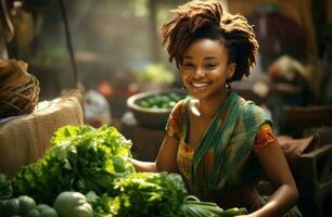 ai gerado verdureiro sorrisos dentro uma vegetal mercado foto