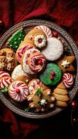 ai gerado delicioso Natal biscoitos em uma festivo prato, ótimo para uma Comida blog ou receita local na rede Internet foto