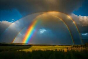 ai gerado uma Duplo arco Iris sobre uma campo com Relva e montanhas foto