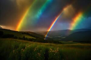 ai gerado arco Iris sobre a montanhas foto