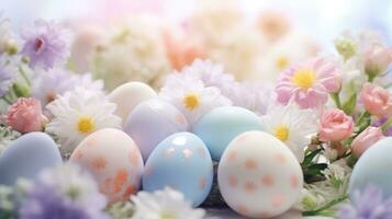 ai gerado uma lindo tiro do de cor pastel Páscoa ovos arranjado em uma cama do flores, foto