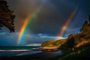 ai gerado uma arco Iris parece sobre a oceano e uma de praia foto