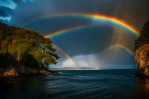 ai gerado uma arco Iris sobre a oceano com árvores e pedras foto