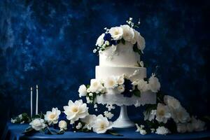 ai gerado uma branco e azul Casamento bolo em uma azul mesa foto