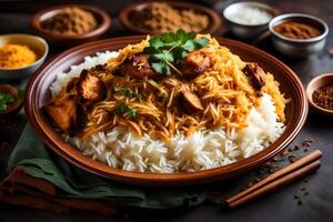 ai gerado indiano frango Curry com arroz e especiarias foto