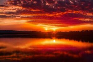 ai gerado a Sol conjuntos sobre uma lago com uma vermelho céu foto
