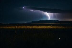 ai gerado uma relâmpago parafuso é visto sobre uma campo com alta Relva foto