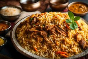 ai gerado indiano Biryani - uma tradicional prato do arroz e carne foto