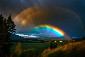 ai gerado uma arco Iris parece sobre uma campo com árvores e montanhas foto