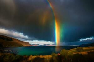 ai gerado uma arco Iris parece sobre uma lago e montanhas foto