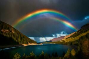 ai gerado uma arco Iris sobre uma lago e montanhas foto