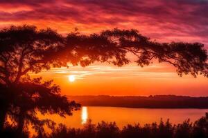 ai gerado uma vermelho pôr do sol sobre uma lago com árvores dentro a primeiro plano foto