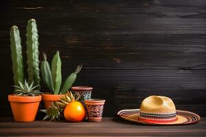 ai gerado mexicano fundo com mexicano chapéu, cacto e laranja em de madeira fundo foto