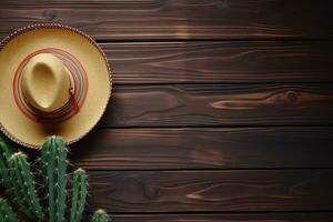 ai gerado mexicano chapéu e cacto em de madeira fundo foto