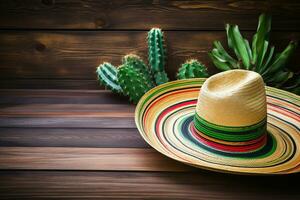 ai gerado mexicano chapéu em de madeira fundo foto