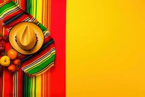 ai gerado mexicano Comida e mexicano chapéu em colorida fundo foto
