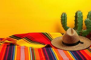 ai gerado mexicano chapéu e cacto em amarelo fundo foto