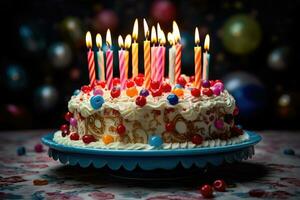 ai gerado aniversário bolo com velas e luzes decoração em borrado fundo, ai gerado foto