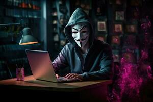 ai gerado uma hacker vestindo anônimo mascarar e hacking pc. ai gerado foto
