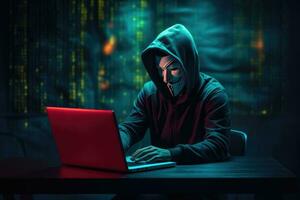 ai gerado uma hacker vestindo anônimo mascarar e hacking pc. ai gerado foto