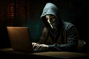 ai gerado uma hacker vestindo anônimo mascarar e hacking pc. ai gerado foto