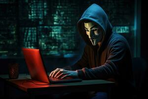 ai gerado uma hacker vestindo anônimo mascarar e hacking pc. ai gerado foto