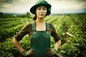 ai gerado uma mulher dentro macacão carrinhos entre a cultivo dentro uma grande campo foto