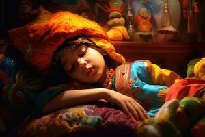 ai gerado uma jovem menina dentro colorida roupas e uma cocar, pacificamente dormindo. foto