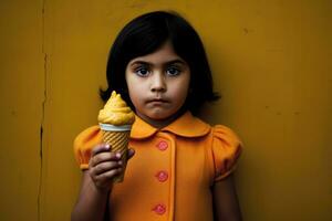 ai gerado uma pequeno menina com uma grande amarelo gelo creme cone foto