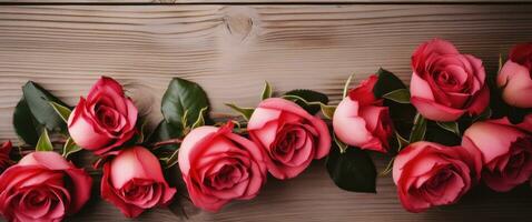 ai gerado dia dos namorados dia vermelho rosas em madeira fundo foto