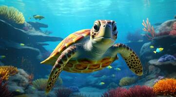 ai gerado embaixo da agua com tartaruga e mar vida papeis de parede foto