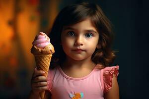 ai gerado uma jovem menina segurando uma dois andares gelo creme cone foto