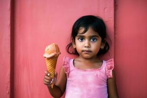 ai gerado uma pequeno menina segurando uma cone do gelo creme foto